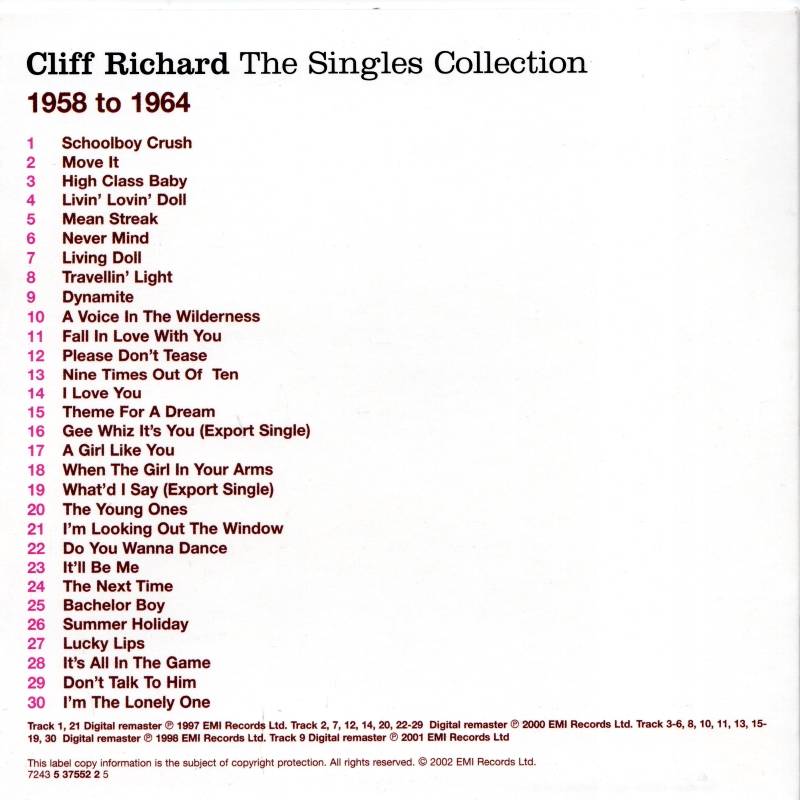 Cliff Richard The Singles Collection : CD 1 Back